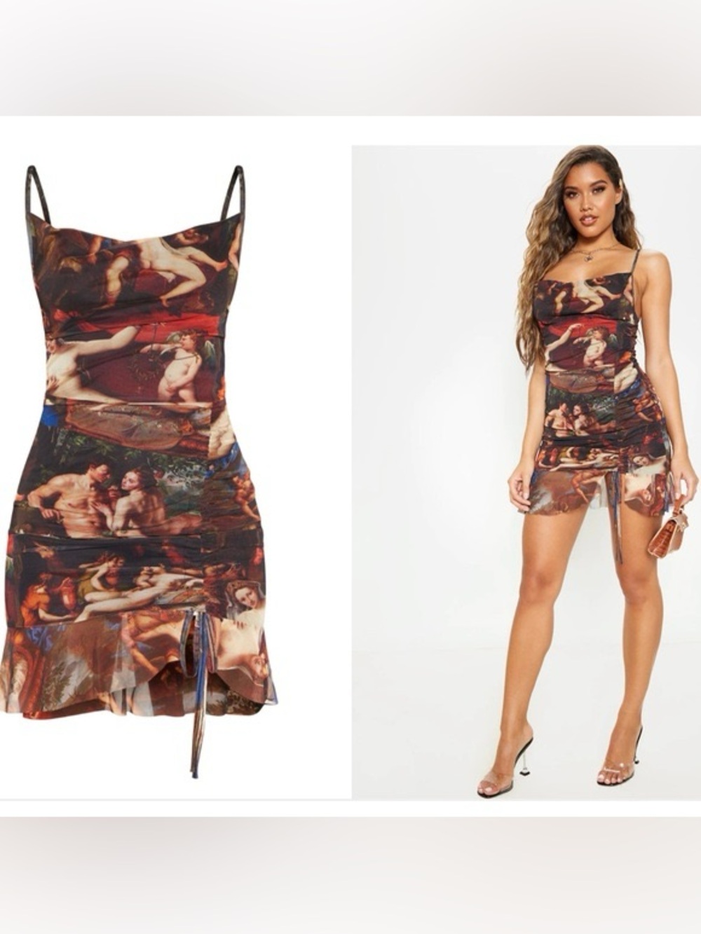 PrettyLittleThing Multi Mesh Renaissance Print Ruched Bodycon Dress Sz 8